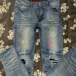 Boys skinny paint splatter jeans